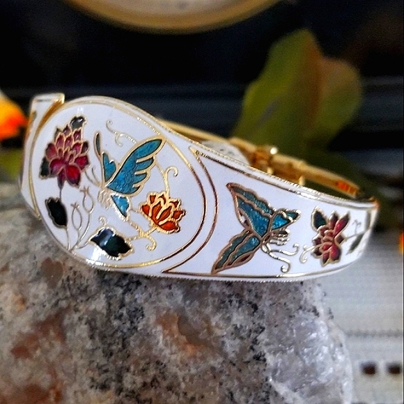 Vintage Cloisonnè Or Champleve Enamel Hinged Cuff Bracelet Clamper Bracelet - Picture 1 of 16